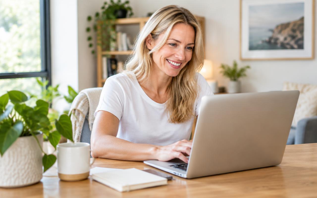A smiling woman working on her laptop at a wooden desk in a bright home office